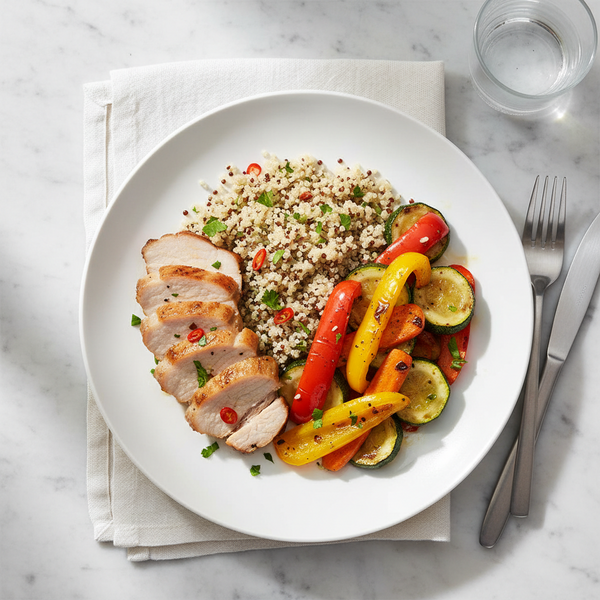 Muschi de porc cu quinoa si legume