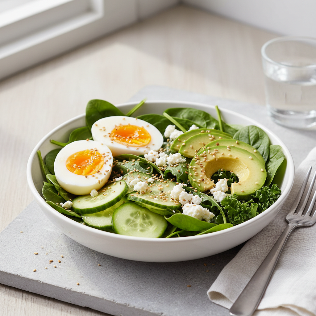 Bol cu salata, oua, brânză telemea, castravete, avocado, susan