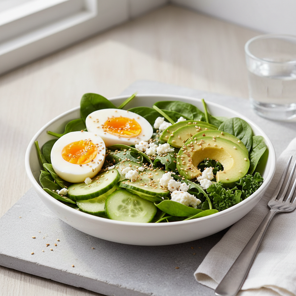 Bol cu salata, oua, brânză telemea, castravete, avocado, susan