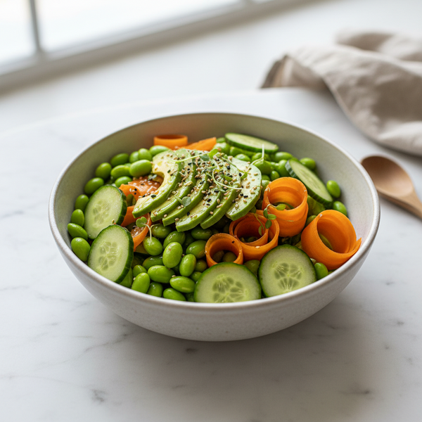 Vegan-salata, edamame, avocado, castravete proaspăt, morcov,ulei de măsline